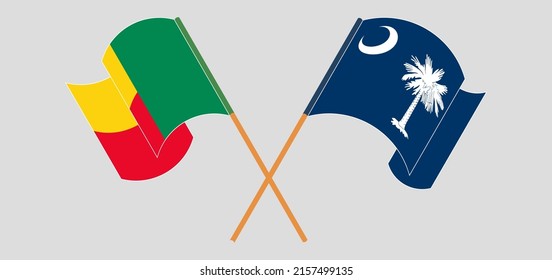 Crossed and waving flags of Benin and The State of South Carolina. Vector illustration
