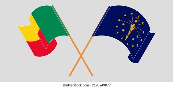 Crossed and waving flags of Benin and the State of Indiana. Vector illustration
