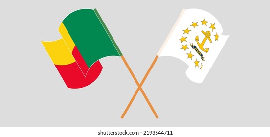 Crossed and waving flags of Benin and the State of Rhode Island. Vector illustration
