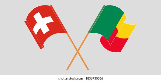Crossed and waving flags of Benin and Switzerland