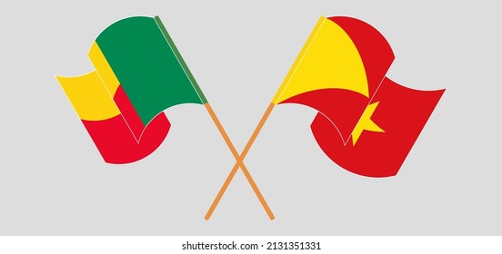 Crossed and waving flags of Benin and Tigray. Vector illustration
