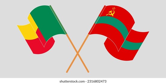 Crossed and waving flags of Benin and Transnistria. Vector illustration
