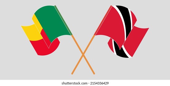 Crossed and waving flags of Benin and Trinidad and Tobago. Vector illustration
