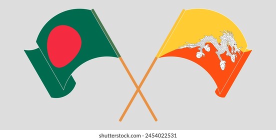 Crossed and waving flags of Bhutan and Bangladesh. Vector illustration
