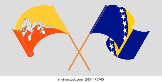 Cruzadas y ondeando banderas de Bután y Bosnia y Herzegovina. Ilustración vectorial
