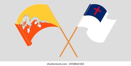 Crossed and waving flags of Bhutan and christianity. Vector illustration
