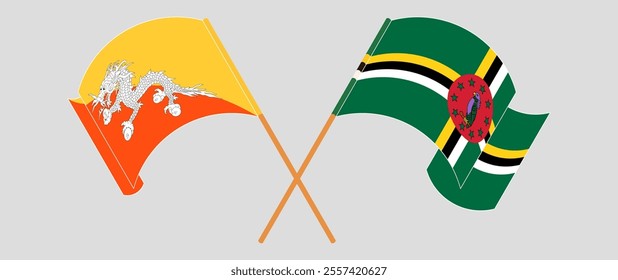 Crossed and waving flags of Bhutan and Dominica. Vector illustration.
