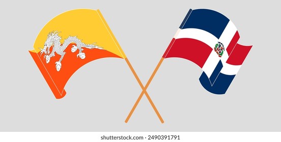 Crossed and waving flags of Bhutan and Dominican Republic. Vector illustration
