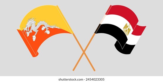Cruzada y ondeando banderas de Bután y Egipto. Ilustración vectorial
