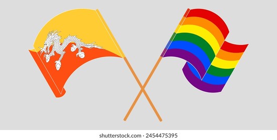 Crossed and waving flags of Bhutan and LGBTQ. Vector illustration
