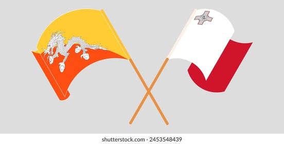 Crossed and waving flags of Bhutan and Malta. Vector illustration
