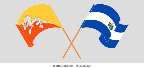 Crossed and waving flags of Bhutan and Republic of El Salvador. Vector illustration.
