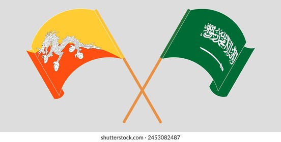 Crossed and waving flags of Bhutan and Saudi Arabia