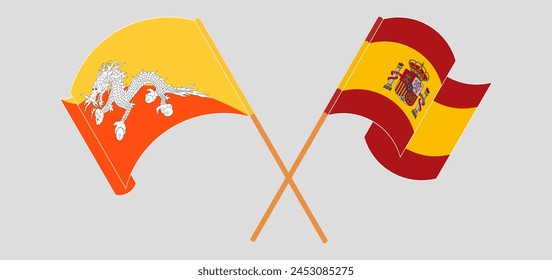 Crossed and waving flags of Bhutan and Spain