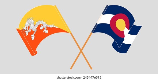 Crossed and waving flags of Bhutan and The State of Colorado. Vector illustration
