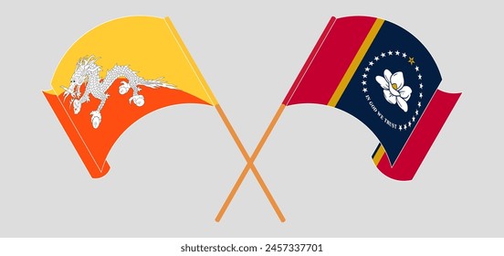Crossed and waving flags of Bhutan and The State of Mississippi. Vector illustration
