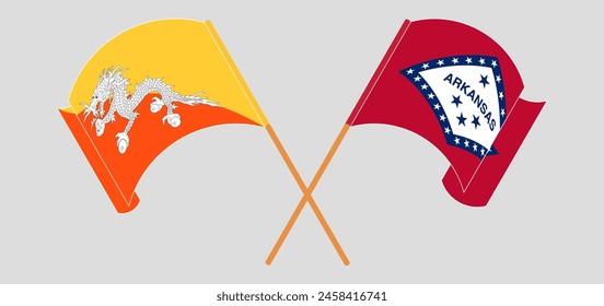 Crossed and waving flags of Bhutan and The State of Arkansas. Vector illustration
