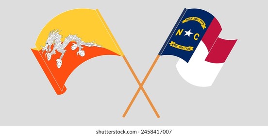 Crossed and waving flags of Bhutan and The State of North Carolina. Vector illustration
