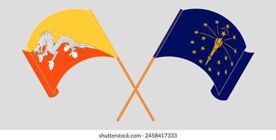 Crossed and waving flags of Bhutan and the State of Indiana. Vector illustration
