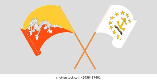 Crossed and waving flags of Bhutan and the State of Rhode Island. Vector illustration
