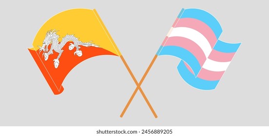 Crossed and waving flags of Bhutan and Transgender Pride. Vector illustration
