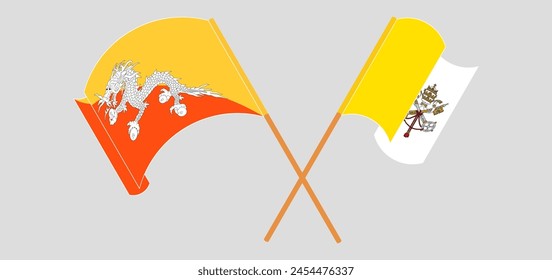 Crossed and waving flags of Bhutan and Vatican. Vector illustration
