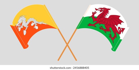 Crossed and waving flags of Bhutan and Wales. Vector illustration
