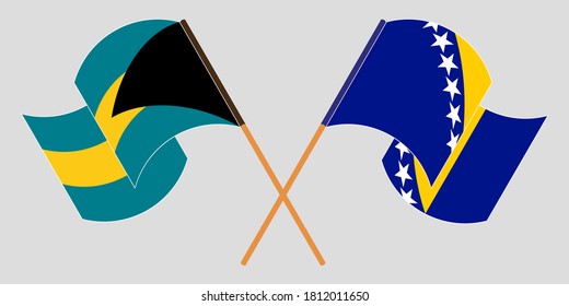 Crossed and waving flags of Bosnia and Herzegovina and Bahamas
