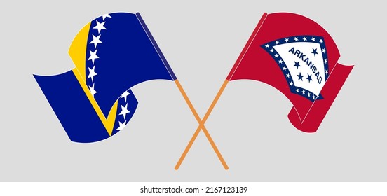 Crossed and waving flags of Bosnia and Herzegovina and The State of Arkansas. Vector illustration
