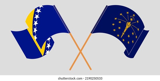 Crossed and waving flags of Bosnia and Herzegovina and the State of Indiana. Vector illustration
