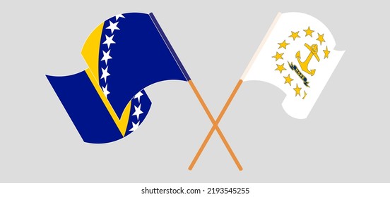 Crossed and waving flags of Bosnia and Herzegovina and the State of Rhode Island. Vector illustration
