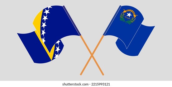 Crossed and waving flags of Bosnia and Herzegovina and The State of Nevada. Vector illustration
