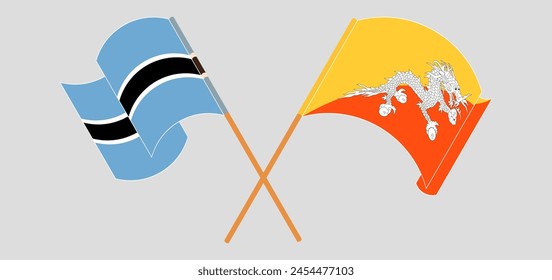 Crossed and waving flags of Botswana and Bhutan. Vector illustration
