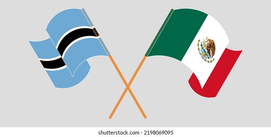 Crossed and waving flags of Botswana and Mexico. Vector illustration
