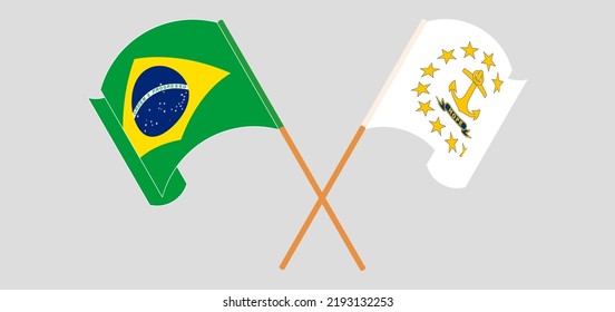 Crossed and waving flags of Brazil and the State of Rhode Island. Vector illustration

