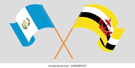 Crossed and waving flags of Brunei and Republic of Guatemala. Vector illustration
