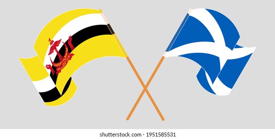 Crossed and waving flags of Brunei and Scotland