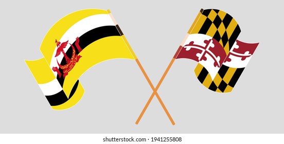 Crossed and waving flags of Brunei and the State of Maryland