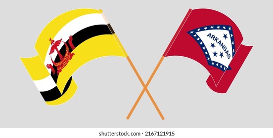 Crossed and waving flags of Brunei and The State of Arkansas. Vector illustration
