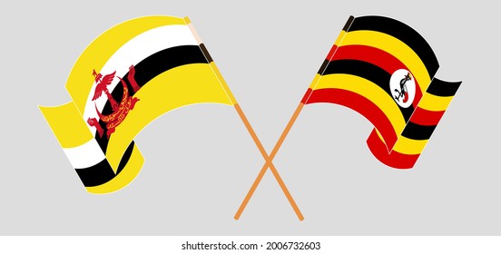 Crossed and waving flags of Brunei and Uganda