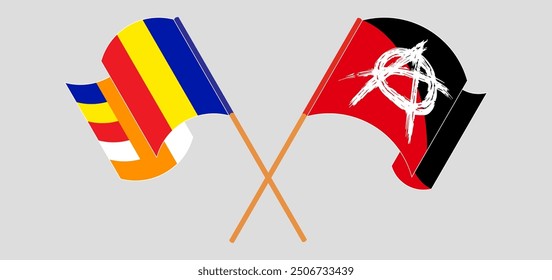 Crossed and waving flags of Buddhism and Anarchy. Vector illustration
