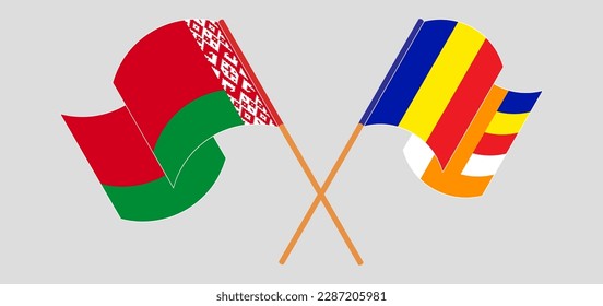 Crossed and waving flags of Buddhism and Belarus. Vector illustration
