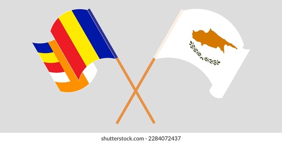 Crossed and waving flags of Buddhism and Cyprus. Vector illustration