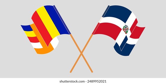 Crossed and waving flags of Buddhism and Dominican Republic. Vector illustration
