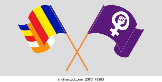 Crossed and waving flags of Buddhism and Feminism. Vector illustration
