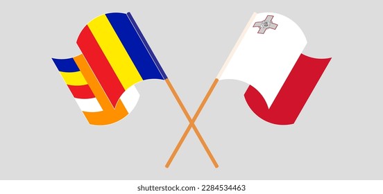 Crossed and waving flags of Buddhism and Malta. Vector illustration
