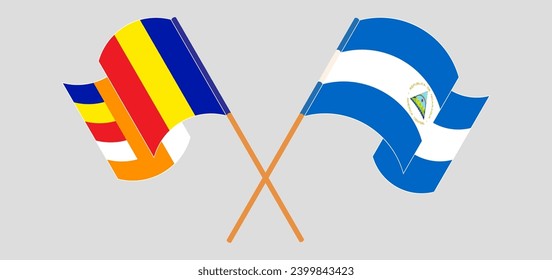Crossed and waving flags of Buddhism and Nicaragua. Vector illustration

