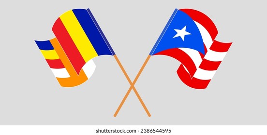 Crossed and waving flags of Buddhism and Puerto Rico. Vector illustration
