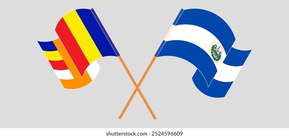 Crossed and waving flags of Buddhism and Republic of El Salvador. Vector illustration.
