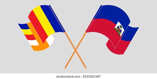 Crossed and waving flags of Buddhism and Republic of Haiti. Vector illustration.
